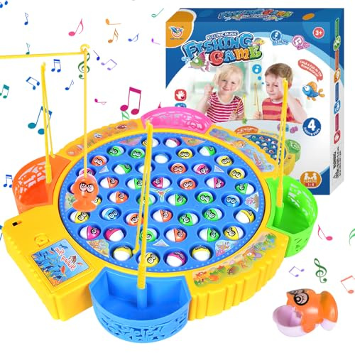 HIULLEN Angelspiel Fische Angeln Spiel Spielzeug, Spinnendes Angelspielzeug mit Musik, Magnetisches Angelspiel Elektrospielzeug mit 4 Kinderangel & 45 Fischen