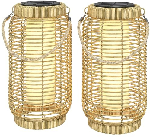 Outsunny Lot de 2 Lampadaire d'Extérieur Solaire Lampe de Jardin sur Pied en Résine Tressée Luminaire LED de Jardin en Acier Marche/Arrêt Automatique Ø18 x 37 cm Sable