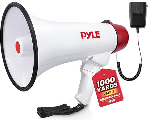 Pyle Megafono, Megafono Portatile, Batteria Ricaricabile Integrata, Ingresso Aux (3,5 mm) per MP3/Musica, Sirena di Allarme Unisex Adulto, Bianco, 0.35 kg