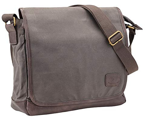 Pride and Soul 47305 Umhängetasche Reckless, Laptoptasche aus Canvas-Lederimitat-Mix, Alltagstasche mit Überschlag mit Magnetverschluss, verstellbarer Schultergurt, grau-braun, ca. 32 x 33 x 11 cm