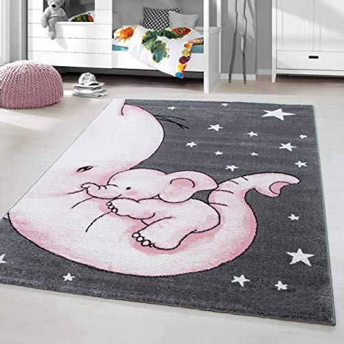 HomebyHome Kinderteppich Tiermotiv Elefant Rosa 160x230 cm Teppich mit Sternen für Mädchen Allergikergeeignet & Verspielt