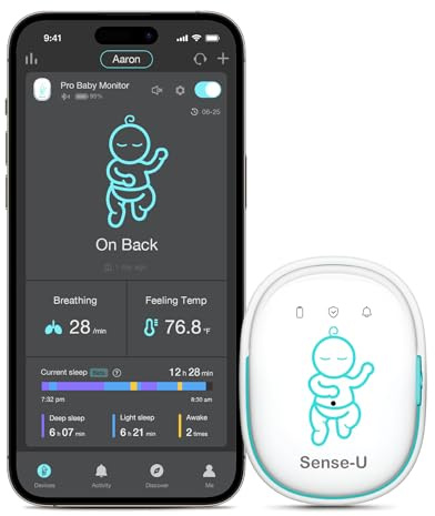 Sense-U Pro Baby Monitor – Breathing Movement, Rollover & Overheating Trackers for Better Sleep, Simple Clip-On Smart Sleep Monitor with Arousal Vibration, Audible Alerts & Sleep Analysis