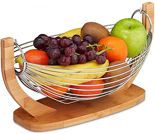 Hogar y Mas Frutero Cocina Moderno, Bambú y Acero Inoxidable, Cesto Frutas Original.