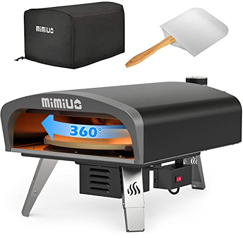 Mimiuo Gasbefeuerter Pizzaofen für den Außenbereich mit automatischem Rotationssystem und britischem Gasregler, tragbarer Tisserie G-Oven Serie, schwarz beschichtet, inklusive 33 cm Pizzastein und