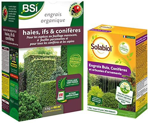 BSI Engrais pour Bio Haie/If/Conifère 40 m & SOLABIOL SOCONY15 Engrais Conifères et Arbustes d'ornement 100% Organique | Action Longue Durée, 1,5 Kg
