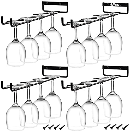4Pcs Stemware Wine Glass Rack Wall Mountable, Metal Wine Glasses Holder Under Cabinet Organization, Hanging Wine Cup Display Stand for Cabinet Kitchen Bar (Black)