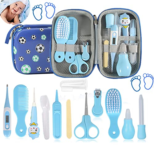 MKNZOME 13 Teile Babypflege Set, Neugeborene Babypflege Zubehör, Baby Nail Kit Safety Cutter, Nasensauger Kamm, Babypflegeset für Neugeborene Geschenk, Badeset für Neugeborene - das Wichtigste