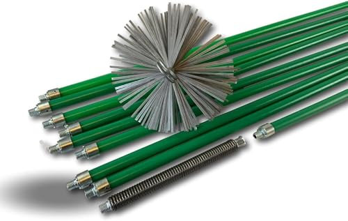 Kit de ramonage pro conduits non gainés | Hérisson acier | Ø 150 mm | 12 m en 9 cannes vertes autobloquantes Ø 18mm creuses | Ressort de départ | 8 * 1,4 m + 1 * 1 m| Cheminées | Kibros 5KIT15ALO