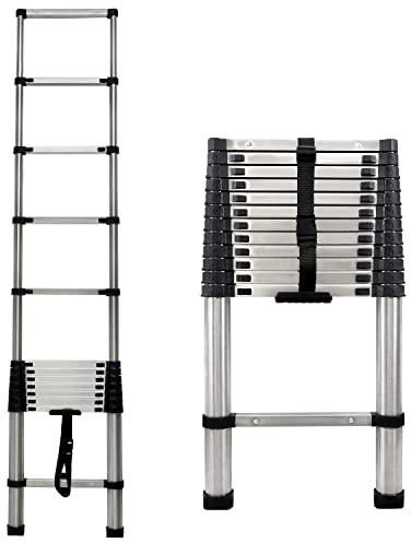 Telescopic Ladder 3.8M Stainless Steel Extension Multi-Purpose Portable Loft Step Ladder with Non-Slip Rubber Feet 150kg Capacity for Indoor Outdoor Activities, EN131 Certificated
