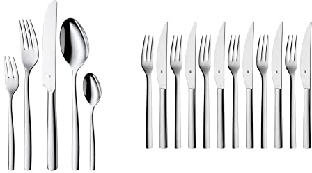WMF Palma Besteck Set 12 Personen, Essbesteck 60 teilig & Nuova Steakbesteck 12-teilig, für 6 Personen, Steakgabel, Steakmesser, Cromargan Edelstahl poliert, spülmaschinengeeignet