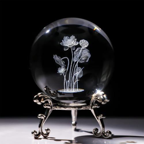 HDCRYSTALGIFTS 3D-Kristall-Lotusblüten-Figur, Kristallkugel mit versilbertem Blumenständer, Glaskugel für Heimdekoration, 60 mm