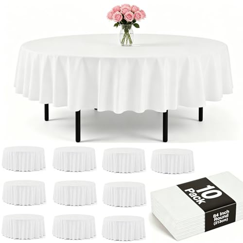 PLULON 10Pack Round Plastic Tablecloths White Table Cover 84 inch Waterproof PEVA Tablecloth Bulk for Birthday Wedding Picnic Home Party Table Decorations
