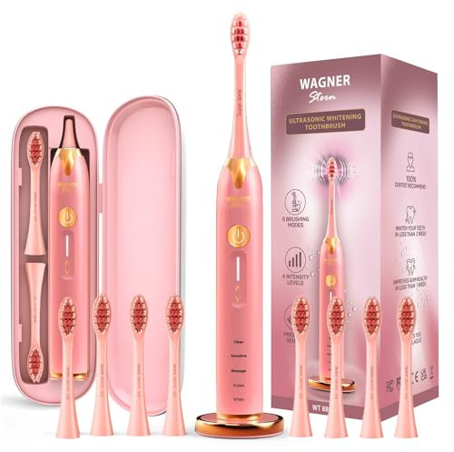 Wagner Stern WHITEN+ Edition. Whitening Electric Toothbrush with Pressure Sensor. Offers 5 Brushing Modes, 3 intensities, 8 Soft Brush Heads, and a Luxury Travel case. (Black)
