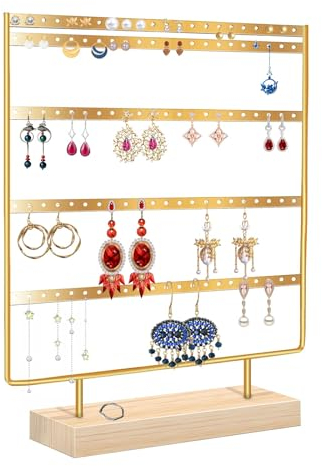 BoloShine Schmuckständer, Ohrringhalter Ohrring Ständer 5 Tier Metal Ohrring Organizer mit Holz Base, Ohrstecker Display Schmuckhalter für Frauen Mädchen Ohrringe Ohrstecker Halsketten (Gold)