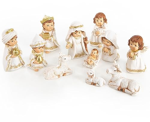Logbuch-Verlag Nativité avec 12 Figurines de crèche enfantines dorées Blanches – Set de crèche de Noël à Poser 7,5 cm