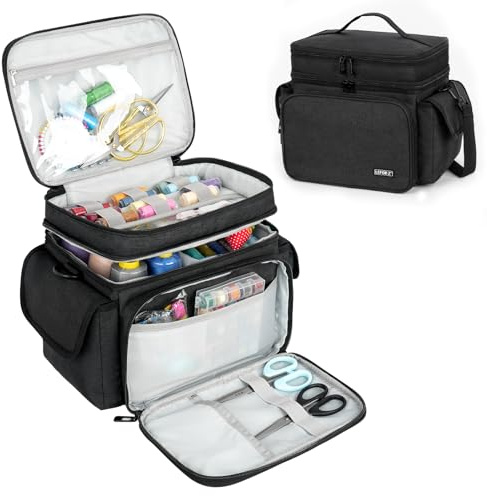 LEFOR·Z Nähzubehör Tasche,Nähset Aufbewahrungstasche Organizer,Doppelschicht Nähzeug Tragetasche für Anfänger,Reisende,Nähkurse,Schwarz,groß