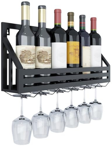 GIZNXBA Portabottiglie da Parete con Portabicchieri, Bottigliera Sospesa, Portabottiglie da Muro Moderno in Metallo, Contiene 6 Bicchieri E 6 Bottiglie di Vino (Color : /Black)