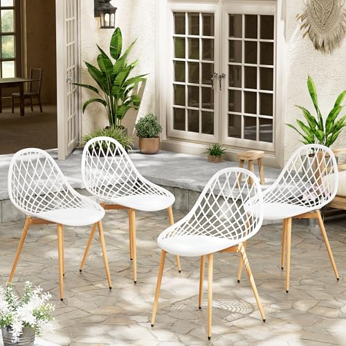 buybyroom Sillas Jardin Exterior, Juego de 4 Sillas Terraza Exterior con Patas de Metal y Respaldo de Plástico Ergonómico, para Jardín,Terraza,Balcon,Comedor,Reuniones, Salon, Recepción, Blanca