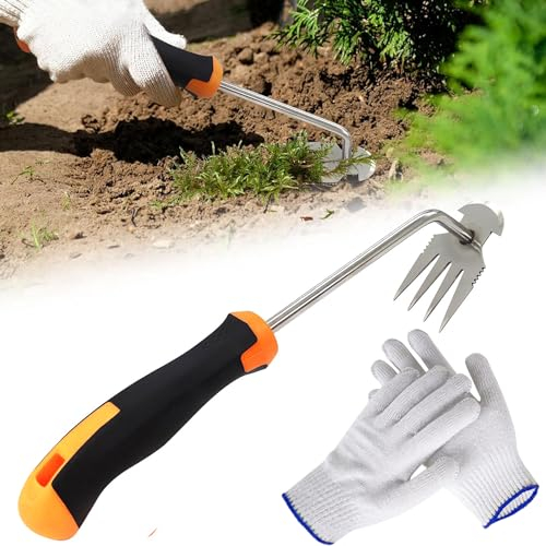 Gardena Désherbeur manuel avec manche en caoutchouc, désherbeur de qualité supérieure, 4 dents avec gants en coton, outil de jardinage
