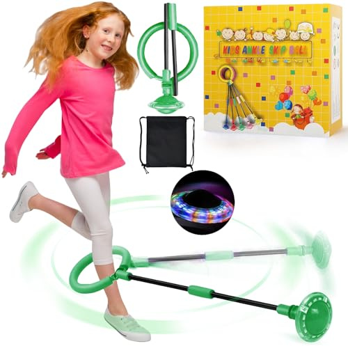 chimoo Kinder Blinkender Springring Fußkreisel,Faltbarer Ankle Skip Ball Sport Sprungball Mit Lichtrad Blinkender Sprungball Mädchen Im Alter Von 6, 7, 8, 9 Und 10 Jahren (Grün)