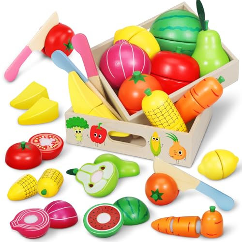 Pourbibi Wooden Toddle Play Food Toys for Children, Toy Kitchen Accessories for Grils Boys, Kids Role Play Toy Set with 16 DIY Stickers, Christmas or Birthday Gifts for 2 3 4 5 Years Old