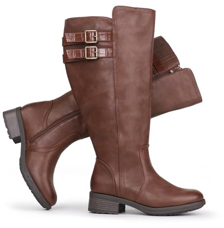 Chicblooms Damen-Stiefel mit extrabreitem Wadenabschnitt, Blockabsatz, gestapelter Schnalle, verstecktem Stretch, kniehoch, Braun Synthetik EU 40