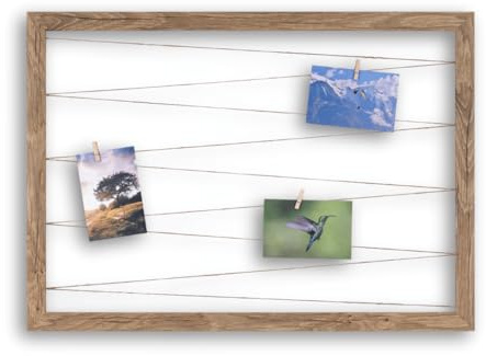 CLAMARO Collage Line Fotoleinenhalter, Eiche Altholz Silber, 60 x 40 cm | Juteband-Fotoleine, 20 Holzklammern aus Echtholz, MDF-Rahmen 30 mm breit, Metall-Wandaufhänger, für Fotocollagen und Wanddeko