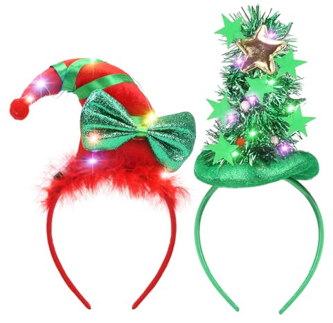 Meleager 2 Stück Weihnachts haarreif mit LED,Weihnachten Beleuchtete Stirnbänder,Weihnachts Haarschmuck Hüte Weihnachtsbäume,Stirnbänder für Weihnachtsfeiern accessoires