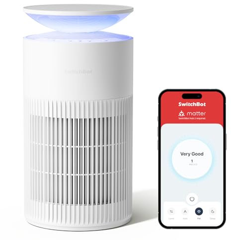 SwitchBot Air Purifier with Night Light, CADR 400m³/h for up to 83㎡, 3-Layer Filtration System removes 99.97% of pollutants, 20dB Sleep Mode, Supports Alexa&App Control, Chew-Proof Wire ideal for Pets