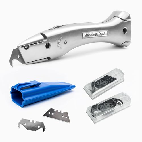 Teppich- und Vinylmesser-Set, bestehend aus Delphin®-03-Messer, 10 Hakenklingen, 10 Trapezklingen, Kunststoffköcher