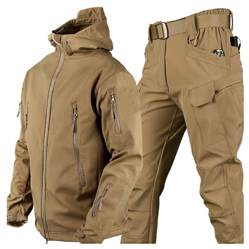 aromm Giacca Tattica Softshell con Cappuccio e Pantaloni da Uomo per Pesca All'aperto Escursionismo Camping Marrone, S