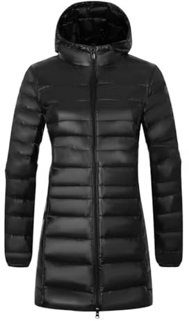 Baymate Lång varm dunkappa för kvinnor, enfärgad, lätt dunjacka, hatt, avtagbar varm ytterrock, mellanlängdsjackor höst och vinter, Svart huva, 7XL
