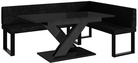 MEBLINI Eckbank für Esszimmer mit ausziehbarem Tisch - Küchenbank - Essecke - Sitzecke Küche - Peter - U-Beine 142x196x87cm Rechts - Graphit Samt/B Schwarz Hochgl.