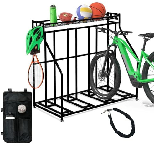 Kapler Bike Rack: 4 Bicycle Storage with Bike Lock & Carry Bag for Garage Backyard, Heavy Duty Multi-functional Parking Stand with Hooks and Shelving Platforms