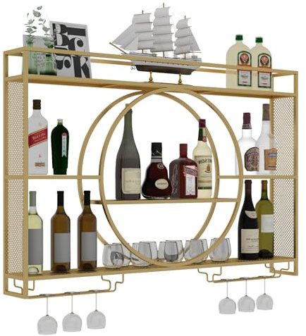 Wall Mounted Wine Rack, Modern Metal Wall Hanging Wine Racks, Wine Shelf with Glass Rack, Multifunctional Wine Racks Wall Mounted , Round Wine Holder Cabinet for Home Restaurant Bars (Gold, 120cm)