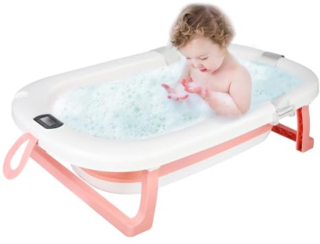 Bañera plegable para bebé con termómetro digital, bañera de bebé con alfombra de baño, bañera de viaje portátil para bebés y niños de 0 a 24 meses Newborn Essentials-80 x 50 x 23-rosa