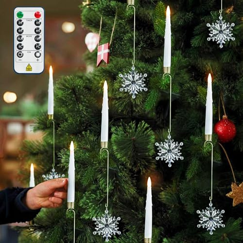 yunsheng Lot de 12 bougies de sapin de Noël avec minuterie à distance, bougies coniques LED sans flamme vacillantes pour Noël, maison, mariage, cadeau – avec crochet en métal et flocon de neige en