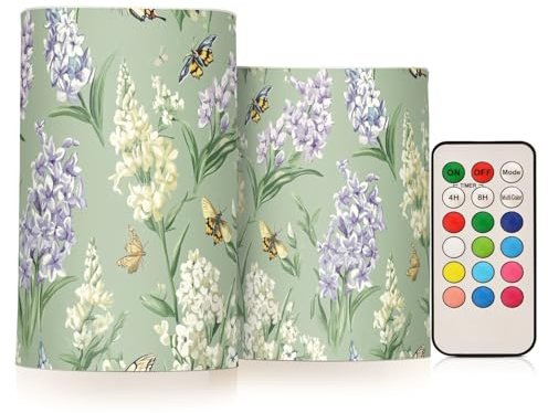 famyily Flowers Hyacinths Peonies Butterflies Sage Green Flameless Flickering Candles Flameless Candles Set with Timer for Christmas 4 5 Set of 2