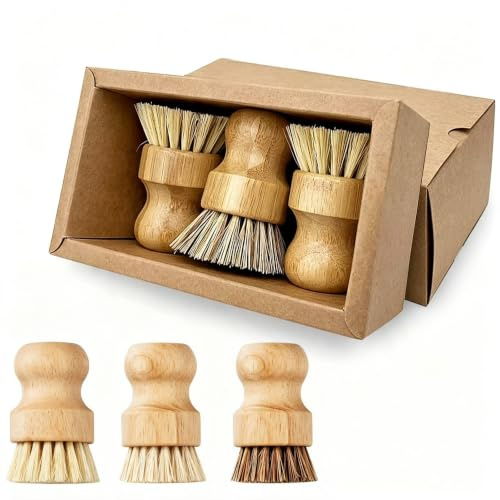 3 Pack Bamboo Dish Brushes, Natural Wooden Sisal Fibre Scrub Kitchen Brush | Multipurpose Eco Kitchen Cleaning Brush Set for Dishes, Cast Iron Pots, Pans, Skillets & Sinks
