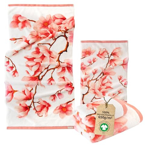 ZWOLTEX - Handtücher Premium Art Design - Magnolia, Bedrucktes Handtuch Set: 50x100 und 70x140 cm, Badehandtuch aus 100% Organic Baumwolle 650g mit GOTS-Zertifikat, Weich und Saugfähig Towel