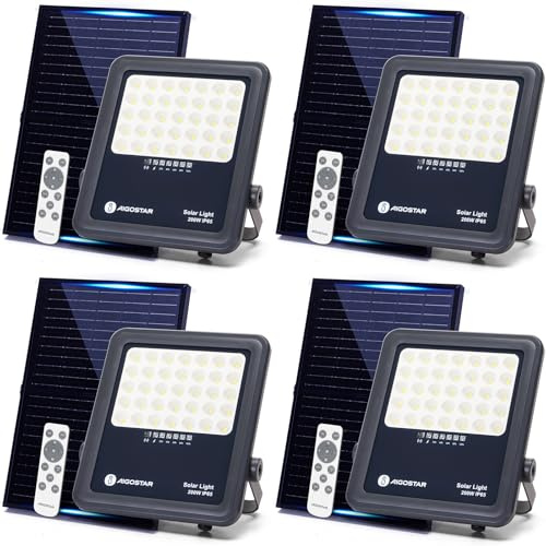 Aigostar Foco proyector LED solar con control remoto,focos solare de 200W, 2000LM,luz blanca fría de 6500K,IP65 impermeable Luz solar exterior,para jardín,terrazas,caminos,garajes,cable de 2M