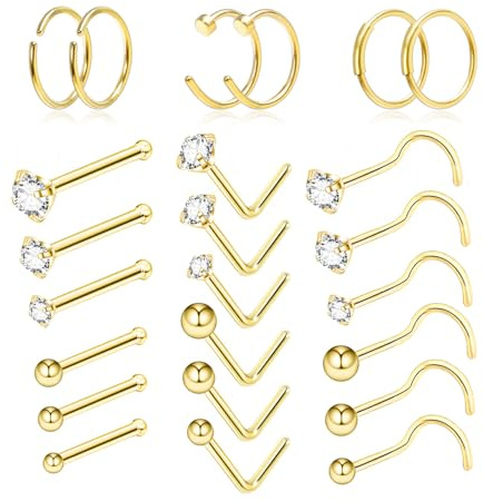24 Pack Nose Ring & Nose Stud Piercing Set 20G Surgical Steel L-Shape | Gold Nose Stud Nose Rings Hypoallergenic Stainless Steel L-Shaped Nose Stud Screw with Cubic Zirconia Nose Piercing Jewellery