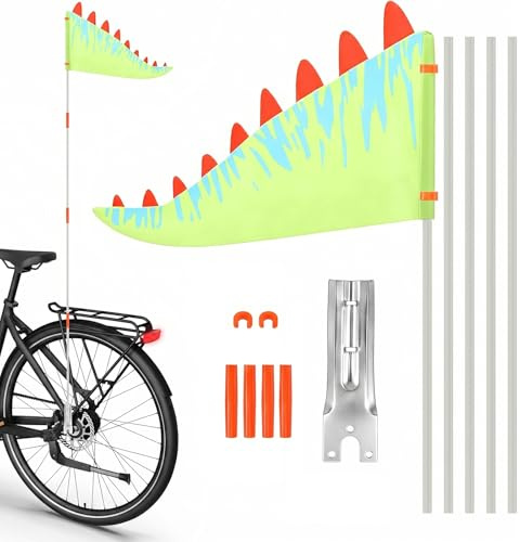 Fahrradfahne Fahrrad Fahne Wimpel Fahrrad 31x 21cm Radfahren im Freien | Fahrradwimpel Verstellbares Fahne für Fahrradanhänger Dinosaurier-Optik Oxford-Gewebe für Campus Haustieranhänger Go-Karts