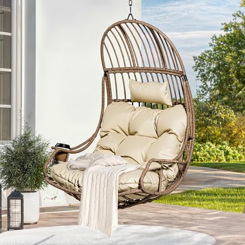 YITAHOME Hanging Egg Chair, Beige Cushion & Brown PE Rattan, 150kg Capacity