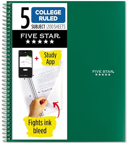 Five Star Spiral Notebook, 5 Subject, College Ruled, 200 Sheets, 11 x 8.5 Inch, Green (72079)
