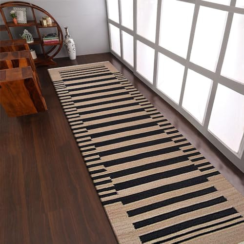 Rugsotic Carpets Hand Woven Flat Weave Kilim Wool ECO-Friendly Area Rugs - 2'6''x10', Runner Shape, Cream Charcoal Color, Contemporary Design, Low Pile Handmade Rugs for Living Room (D00125)