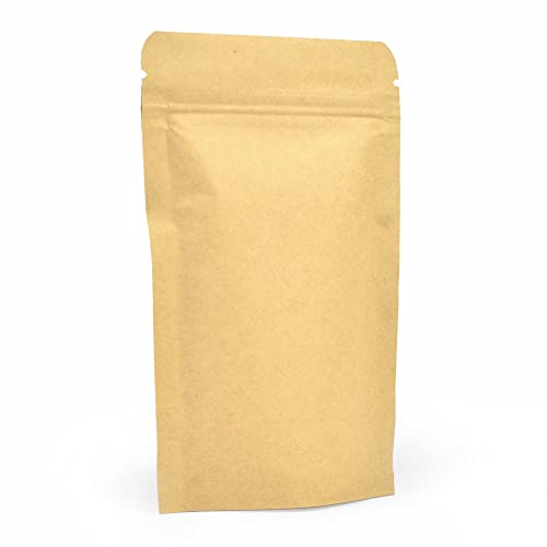 Evergreen Goods 100x Wiederverschließbare braune Kraftbeutel in Lebensmittelqualität 90mmx140mmx30mm | Paper Stand-Up Pouch Packing Bag for Coffee Bean Tea Leaf and Snacks