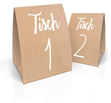 Partycards Tischnummern Kraftpapier, 18 x 16cm, Tischnummer 1-12 für Hochzeit, Geburtstag, Kommunion, Taufe