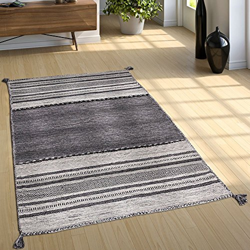 Paco Home Wohnzimmer Natur Teppich m. Fransen, Handgewebter Muster Kelim, 100% Baumwolle, Grösse:60x110 cm, Farbe:Grau
