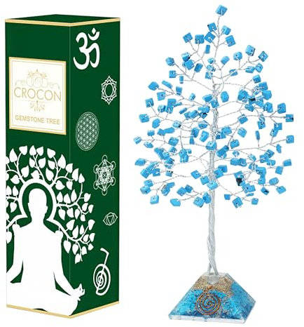 Crocon Turquoise Crystal Tree with Orgone Pyramid Base Desk Decor Healing Crystals Bonsai Tree Gifts for Women Office & Shelf Home Room Decor For Mom Sister Girlfriend Present Housewarming